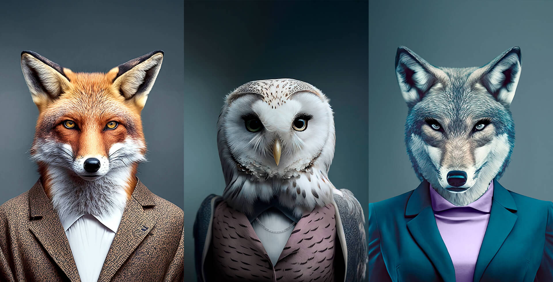 Auswahl von Jobs sinnbildlich kreativ dargestellt als Fuchs, Eule und Wolf - welcher Job-Typ bist du?